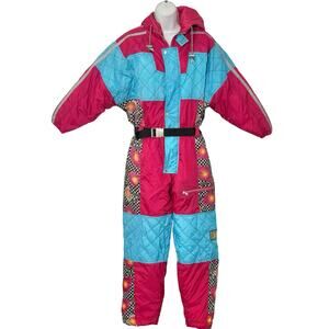 Vintage 90s Blue Pink Checkerboard Hooded Ski Suit One Piece Size S *GOOD*